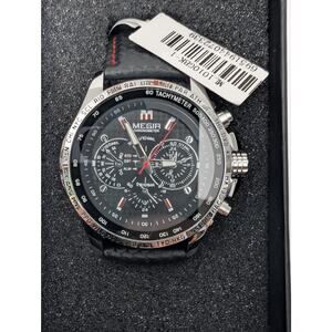 Megir Men's Chronograph Sport Watch Black and Red Genuine Leather & Tachymeter